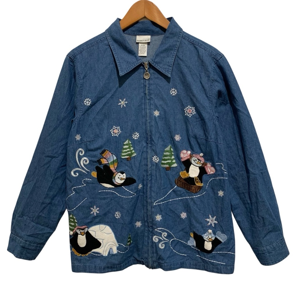 Vintage Fashion Bug Blue Jean Shacket Jacket Holiday Penguins Embroidery 14/16W